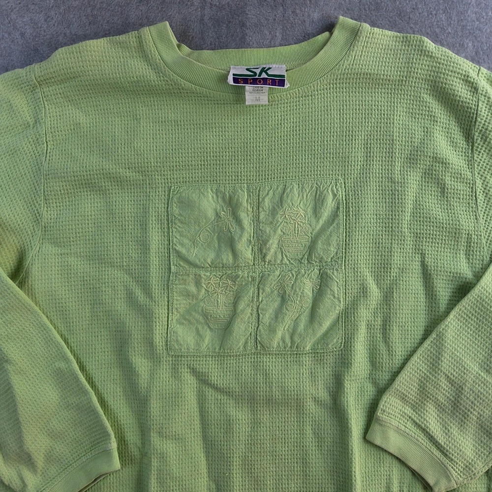 SK Sport Waffle Knit Top Women Medium Lime Green Embroidered Floral Vintage
